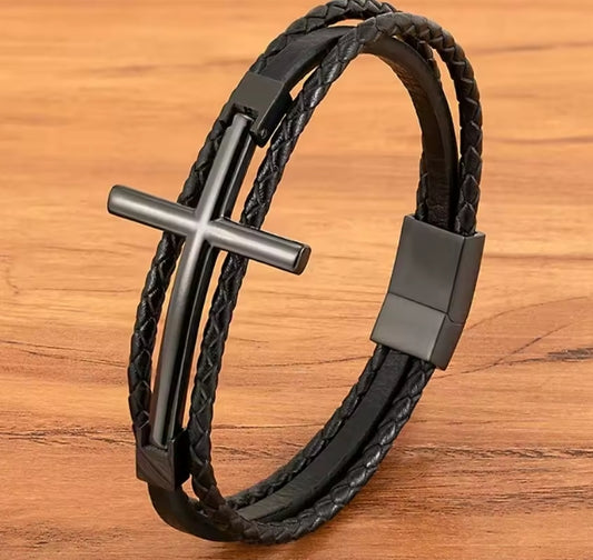 RVS Lederen Armband met Cross Design