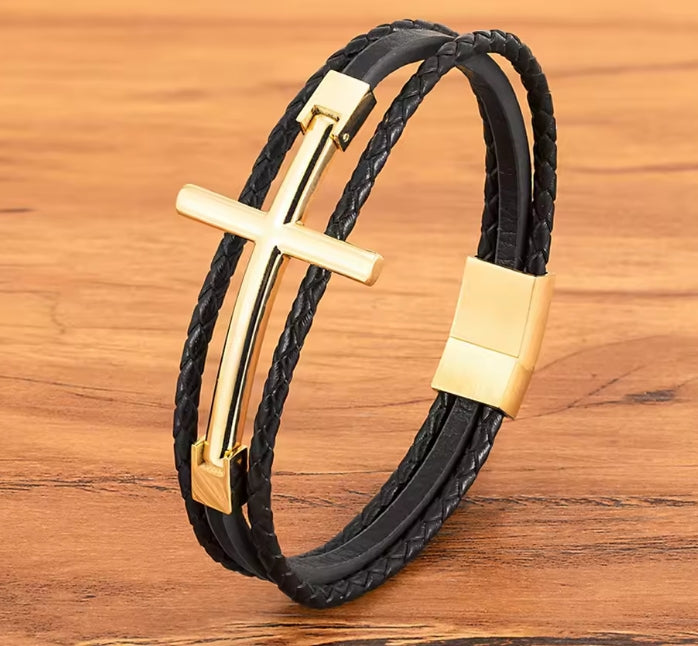 RVS Lederen Armband met Cross Design