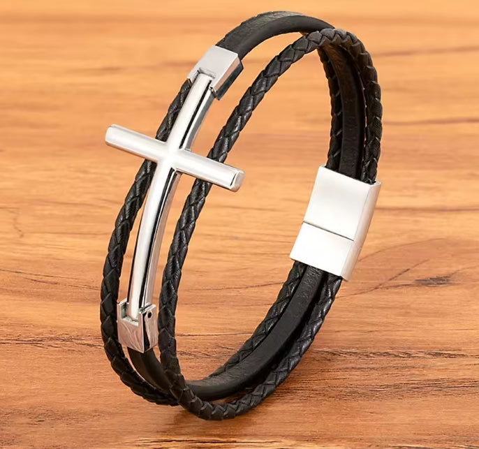 RVS Lederen Armband met Cross Design