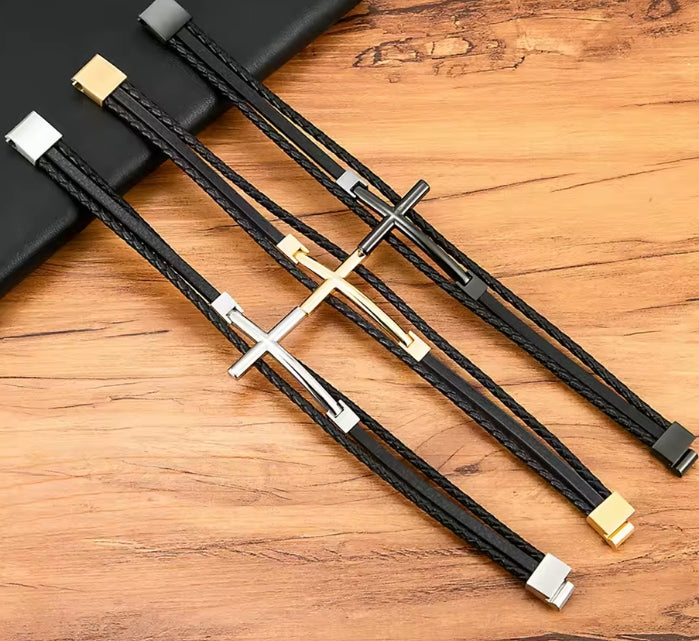 RVS Lederen Armband met Cross Design